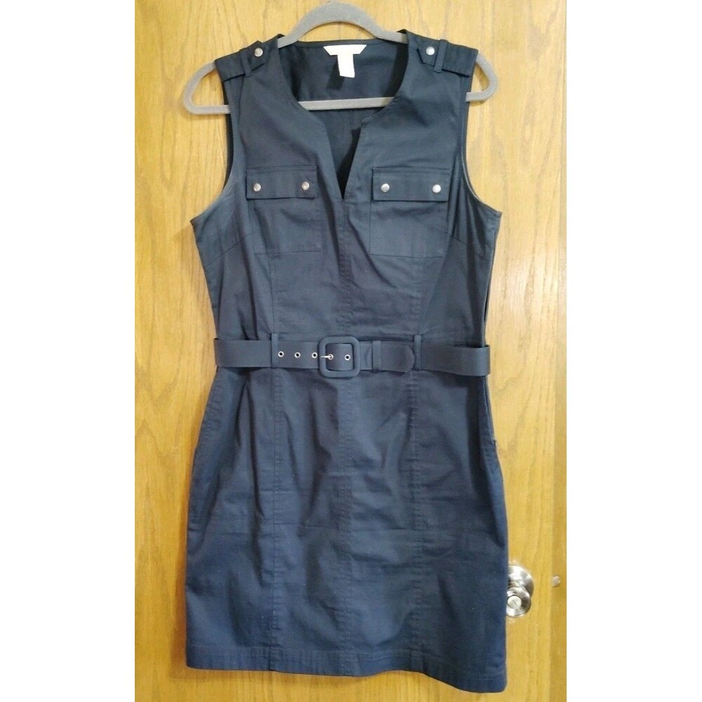 Banana Republic Safari Dress Sz 12 Navy Blue Belted Utility Sleeveless *READ